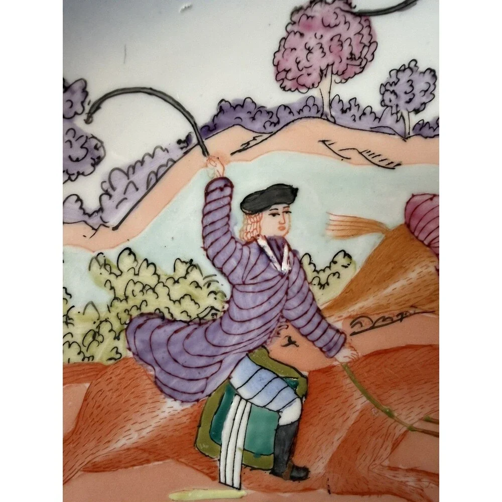 Vintage Chinese Porcelain Plate Equestrian Fox Hunt Scene Hand Painted 10